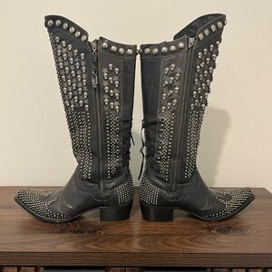 Studded Black Leather Knee-High Boots